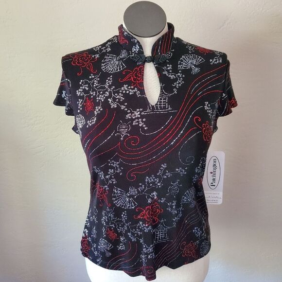 Sparkle black sliver red Cheongsam strettch top large - Picture 1 of 12